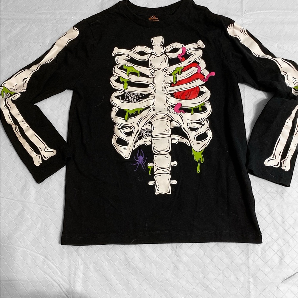 Kids Long Sleeve Skeleton Shirt - Black with Colorful Accents sz 8